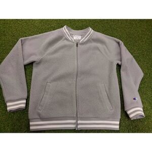 Champion Authentic Sherpa Varsity Bomber‎ Jacket Mens Medium Gray Logo Full Zip